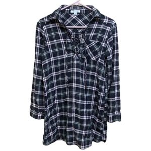 She+Sky Size Small Green Blue & White Flannel Tunic with Laces
